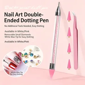 Water Drill Picking Tool, Dual-Head Wax Pen with 4 Replaceable Tips and 1 Tweezers, DIY Nail Art Kit, Complete Set for Manicure Tools