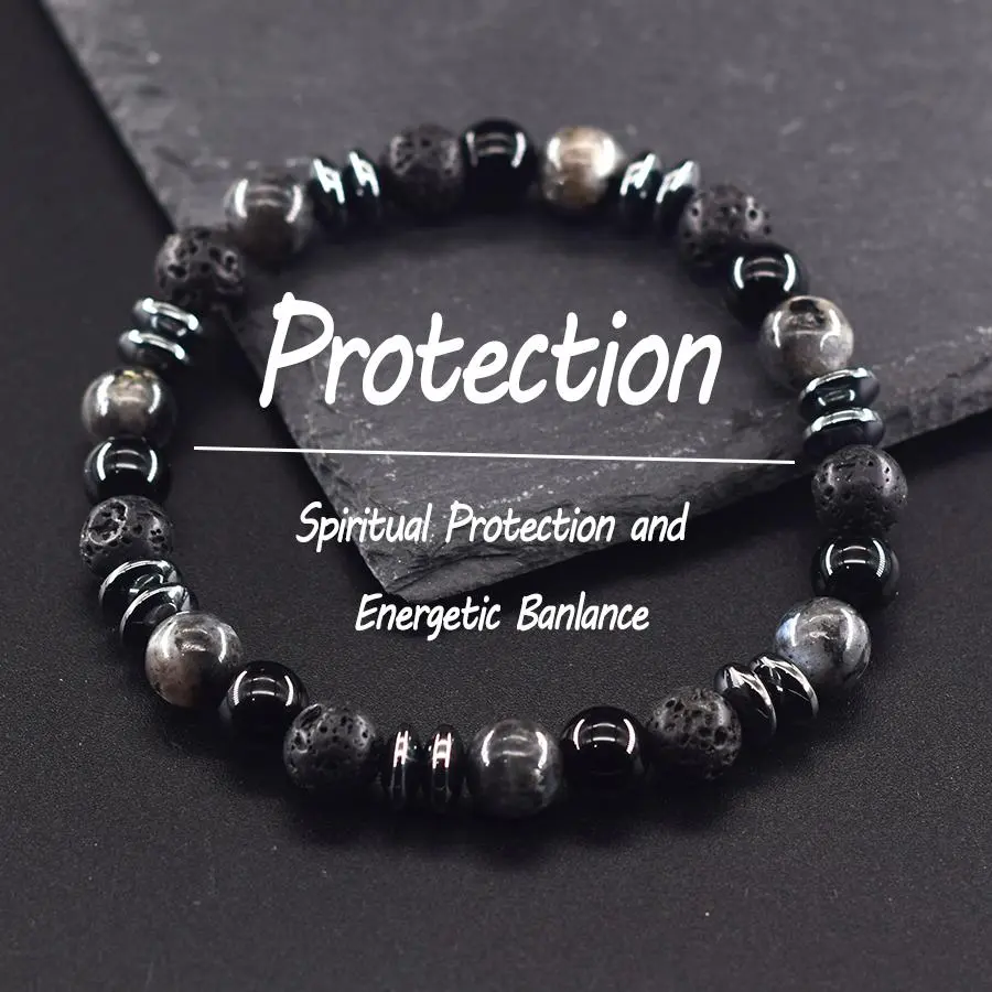 Unisex Classic Black Natural Labradorite Volcanic Beads Bracelet-Bangle with Metal Coating, Spiritual Protection & Energetic Balance Daily Wear Fashion Costume Jewelry Accessory, Bangles, Natural Stone Beads, Beaded