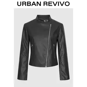 URBAN REVIVO Women's Fitted Long Sleeve Vegan Leather Biker Coat - Women's Tops, Jackets & Coats, Casual Streetwear Outerwear, UWM150116