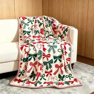 Kringle Express 60x80 in Holiday Printed Flannel Throw with Border - Durable Elastic Kids Blanket, Soft Cozy Lightweight Sofa Bed Cover, Christmas Bedroom Accessory