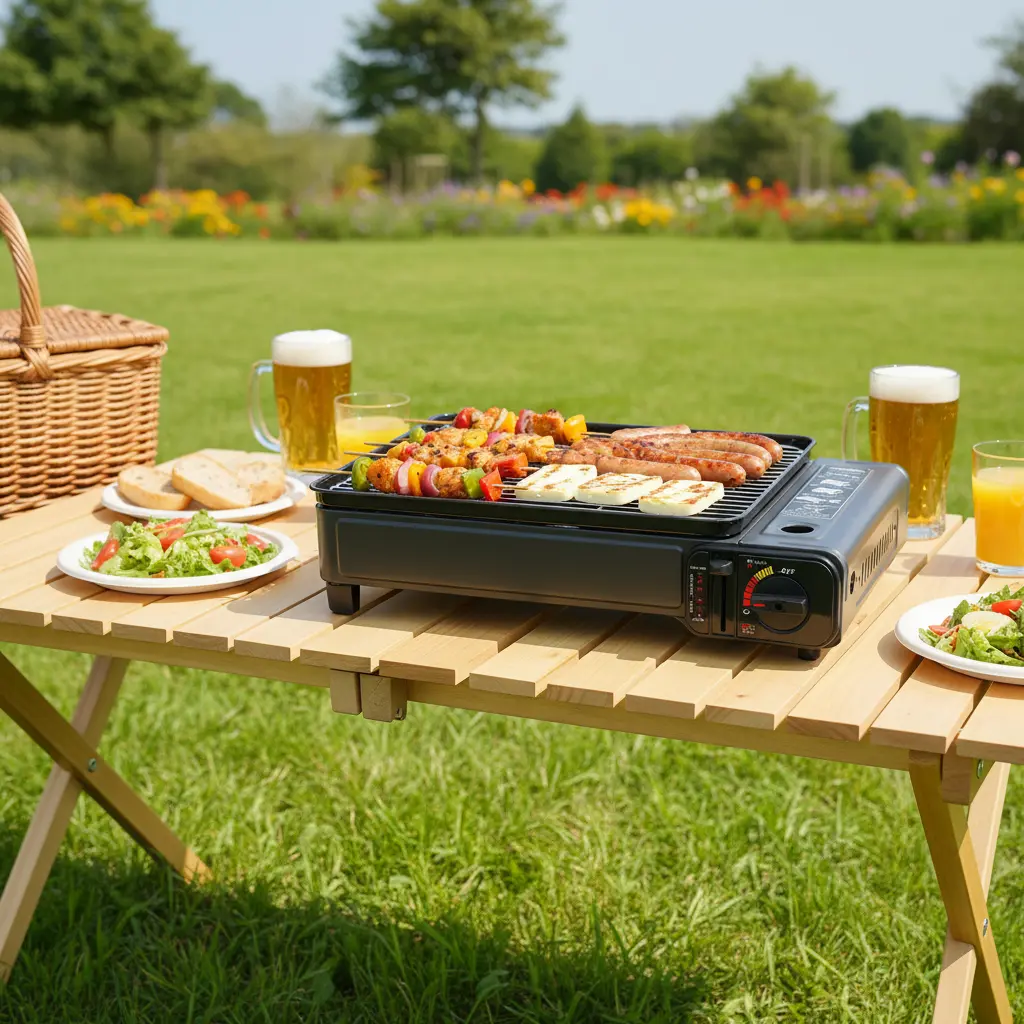 Portable Dual-Fuel (Butane/LPG) Stainless Steel Barbecue Grill Stove with Cover, 3.2kg/7.05lbs Lightweight Compact Dual Burner, Detachable Oil-Resistant Griddle, Sturdy Carrying Case, Baking Sheet, Oil Pan & Accessories for Outdoor BBQ, Patio Parties, Gri