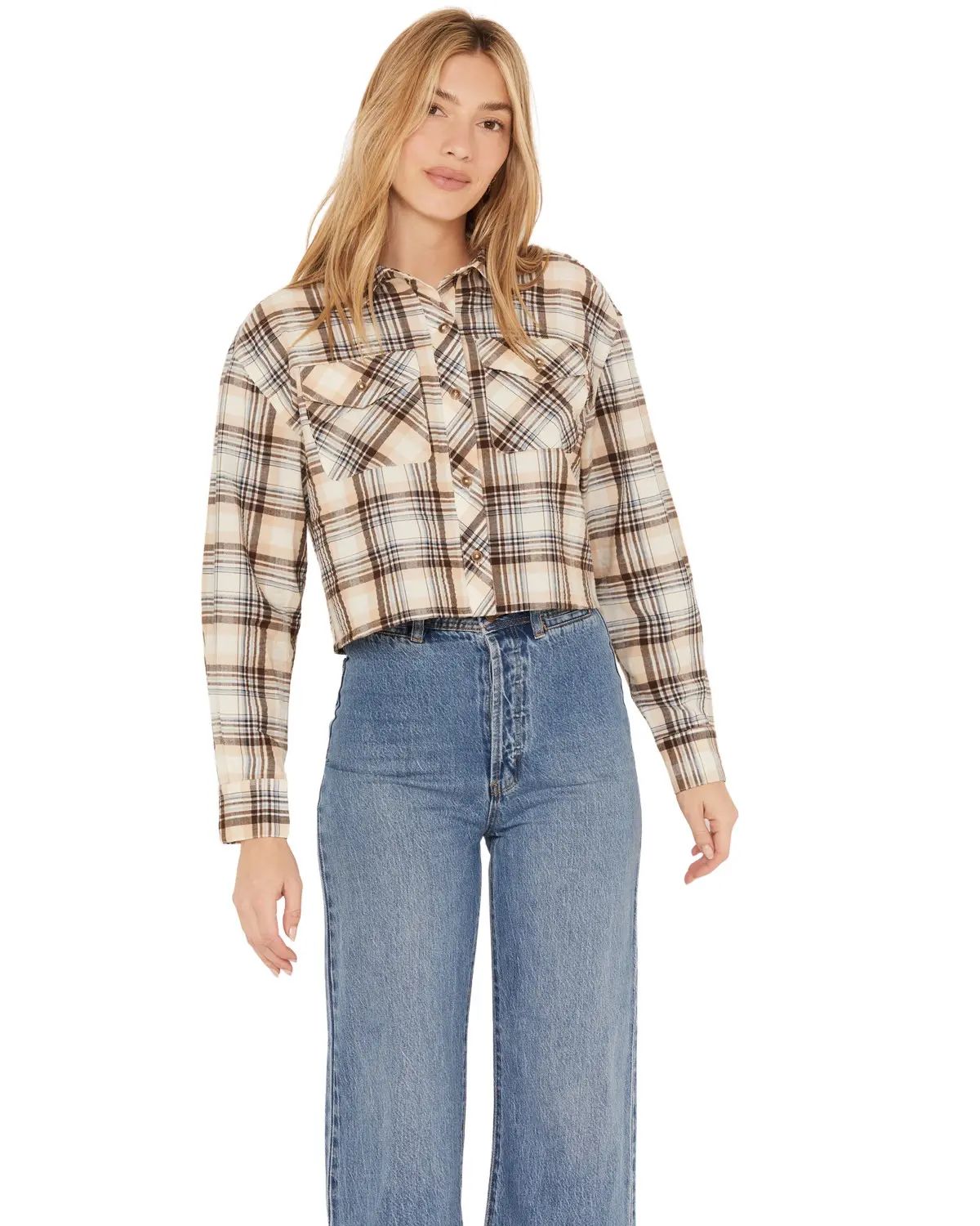 Cleo + Wolf Women's Women'S Plaid Print Cropped Shirt - Clsu23w91