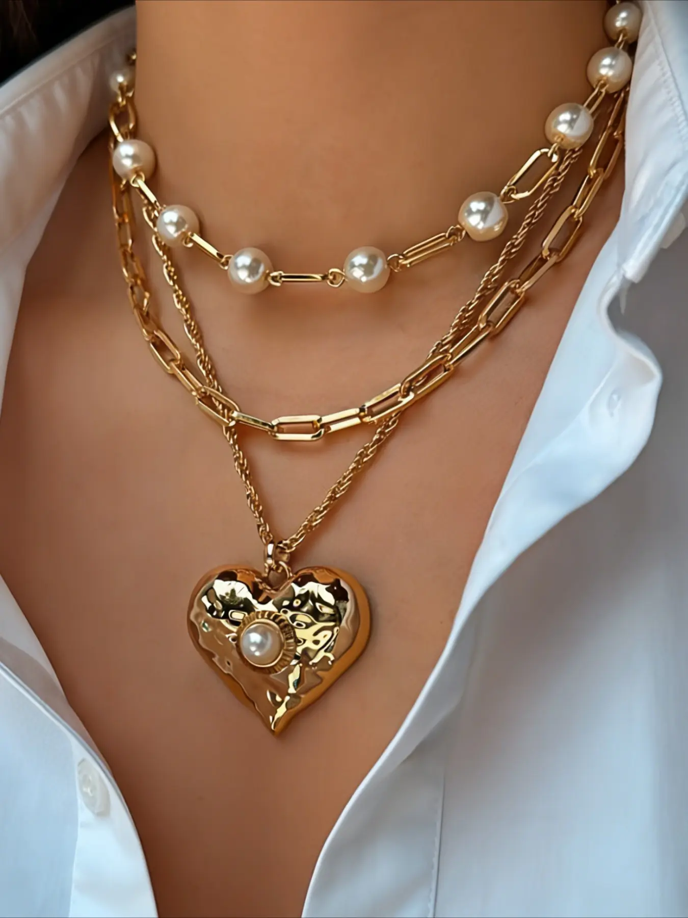 Women's Fashion Heart Pendant Imitation Pearl Necklace Set, Alloy Necklace, Dainty Necklace, Heart Shaped Necklace, Elegant Necklace, Trendy Simple Style Jewelry Accessory for Party & Vacation, Birthday Gift Jewelry