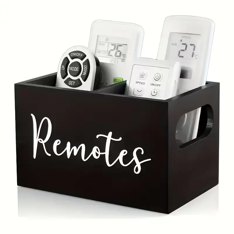 Classic wooden remote control storage box with 2 compartments - multi-slot organizer, suitable for remotes and office supplies, minimalist black desktop and living room storage box