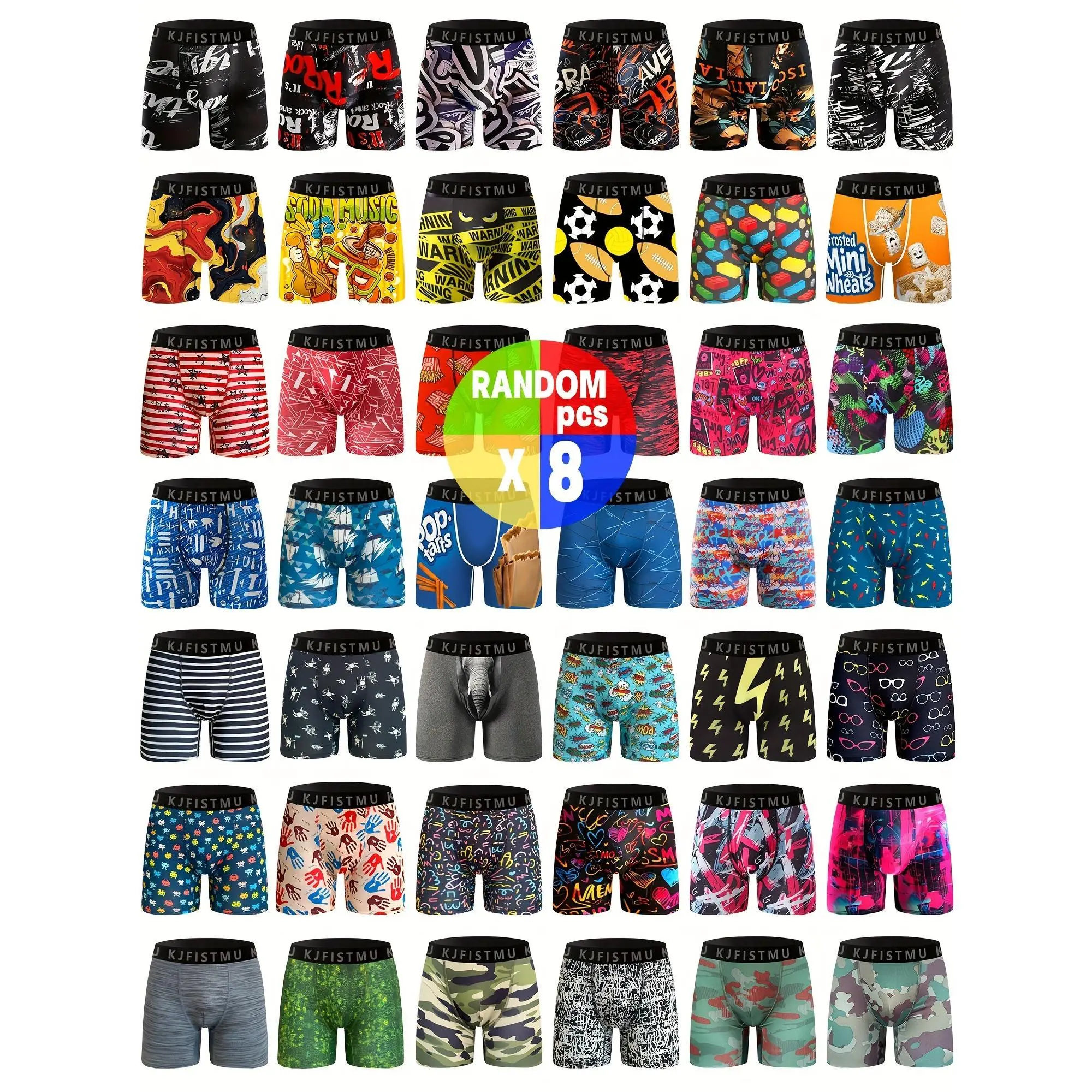[Moisture-Wicking Boxer Briefs] 8pcs Moisture-Wicking Men's Boxer Briefs with Random Print | Lightweight, Stretchy Polyester-Spandex Blend, Quick-Dry for Gym, Travel & Casual Attire - Sizes S-XXL, Boxer Shorts