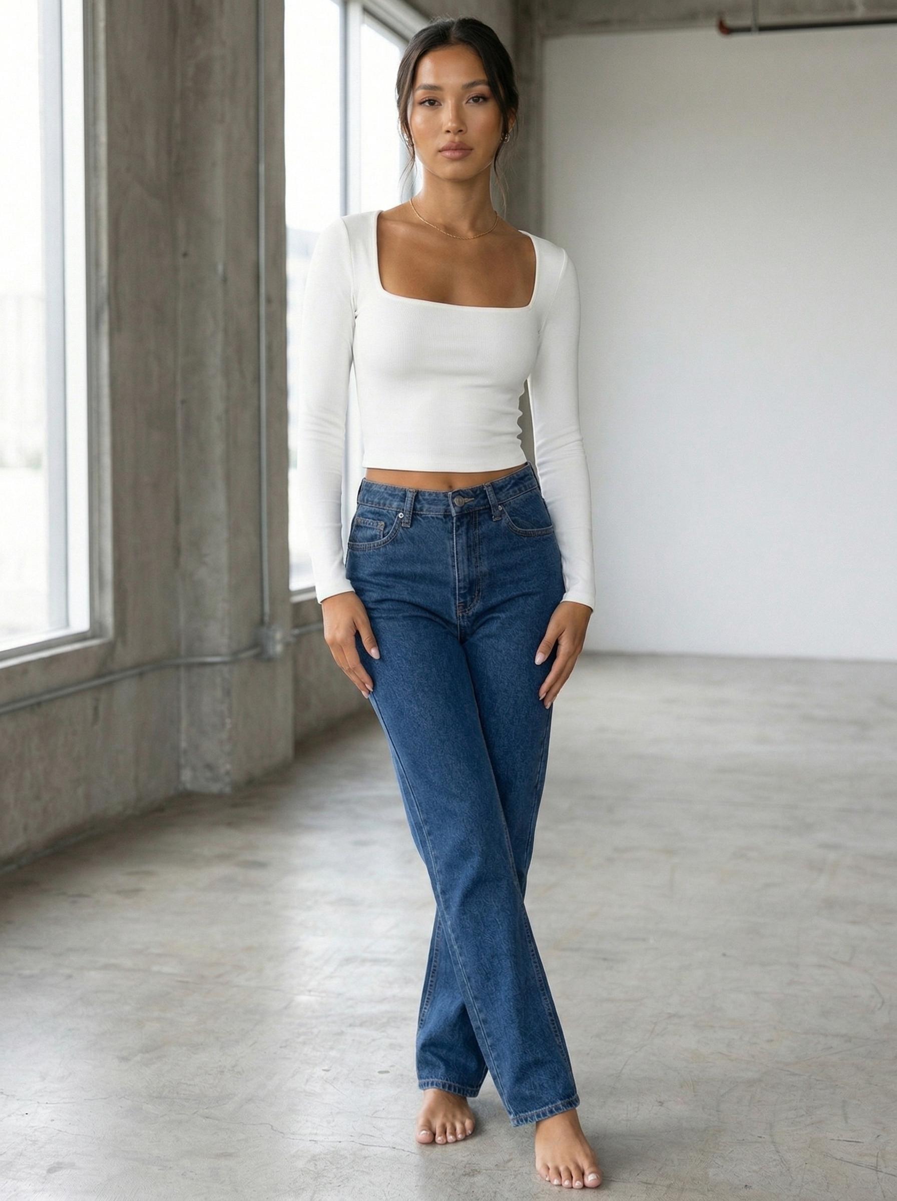 White Square Neck Crop Top Women's Ribbed Long Sleeve Fitted Basic Tee