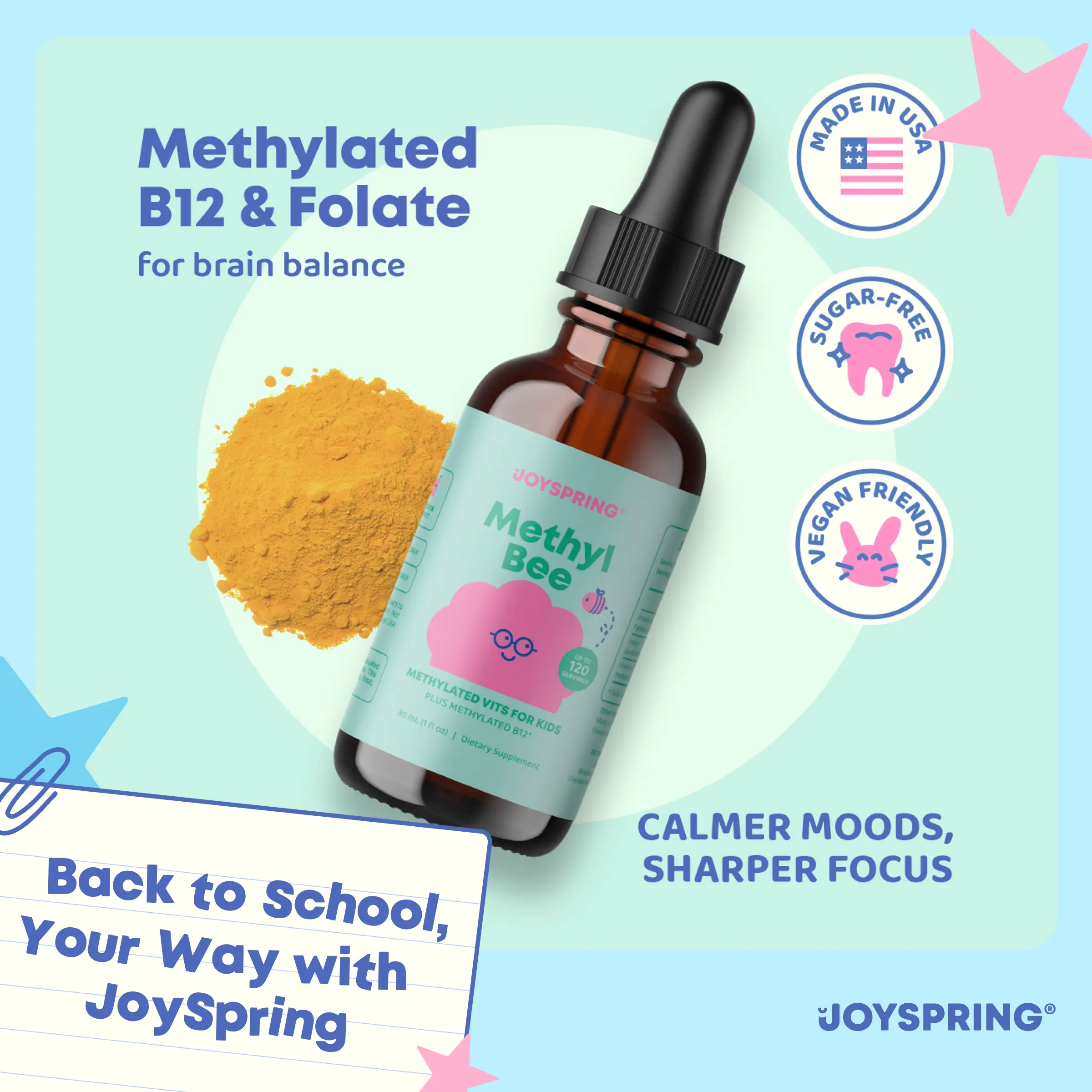 JoySpring MethylBee B Complex with Vitamin B6 B12 & Methylated Folate 5-MTHF 120 Servings Supplement for Children's Energy & Focus Support - Dietary