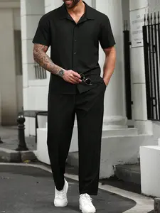 Men's Plus Size Casual Vacation Shirt and Pants Set, Button Front Collared Shirt, Fashionable for Beach Holiday, Fall outfit, Plain