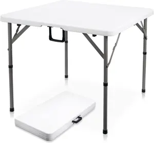 34" Square Folding Card Table White Fold-in-Half Utility Dining Portable Table Heavy Duty HDPE White Plastic Foldable with Carrying Handle Indoor Outdoor for Picnic, Camping, Party