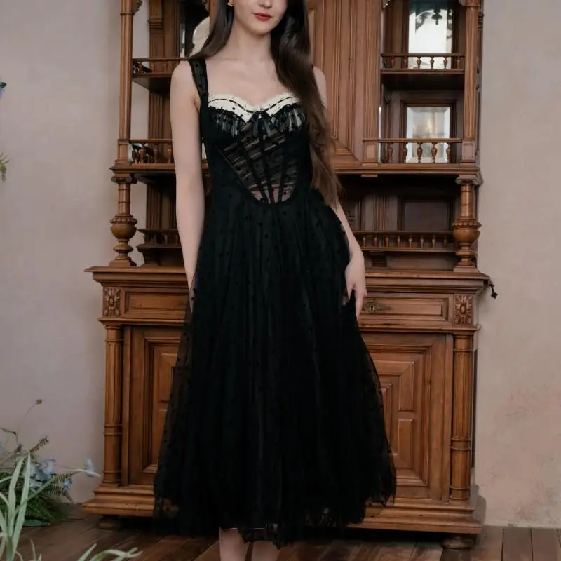 Shores Evening Corset Dress-LuminaVenus Dresses Summer Vacation Graduation Party Dress Black Polka Dot Mesh Lace Skirt Party Evening Black Formal Events Birthday Outfit Dress Women Vintage Elegance Sleeveless Outfits Maxi Feminine Casual Fabric Style