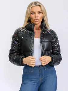 Crystal Studded Faux Leather Jacket for Women - Zip Up and Front Pockets - Casual, Soft