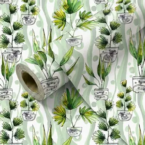 Waterproof Oil Proof Peel and Stick Wallpaper, 1 Roll 44.5CM (17.5 Inch) Wide Watercolor Green Plant Self-Adhesive Wall Sticker, Easy to Clean DIY Cuttable Removable Wall Cover for Kitchen Backsplash Cabinet Furniture Home Decor