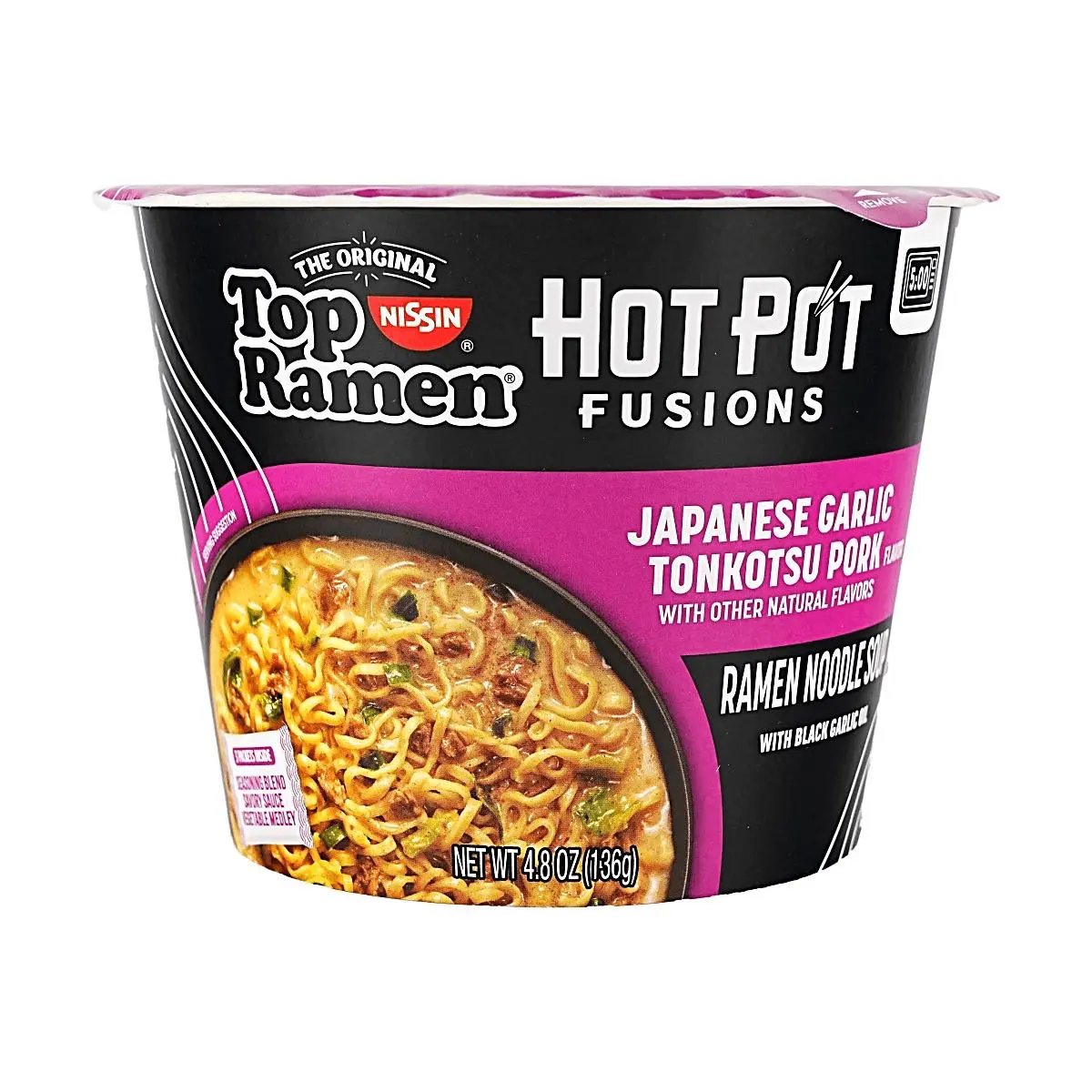 NISSIN TOP RAMEN Hot Pot Fusions - Japanese Garlic Tonkotsu Flavor, Large Bowl Instant Noodles, 136g