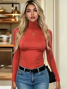 Women's High Neck Long Sleeve Top, Solid Color Slim Fit, Versatile Casual Wear, Warm Inner Layer for Commuting and Leisure Womenswear