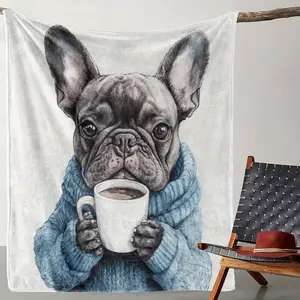 French Bulldog Coffee Print Flannel Throw Blanket – Soft Cozy Dog Blanket for Sofa Couch Bed Nap Gift