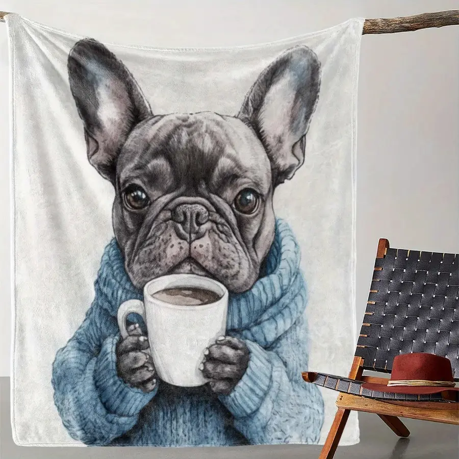 French Bulldog Coffee Print Flannel Graphic Throw Blanket - Breathable, Casual Soft, Wrinkle Resistant, Customized, Multi-Size Home Textile for Sofa, Bed - Ideal for Cozy Nights, Gifting