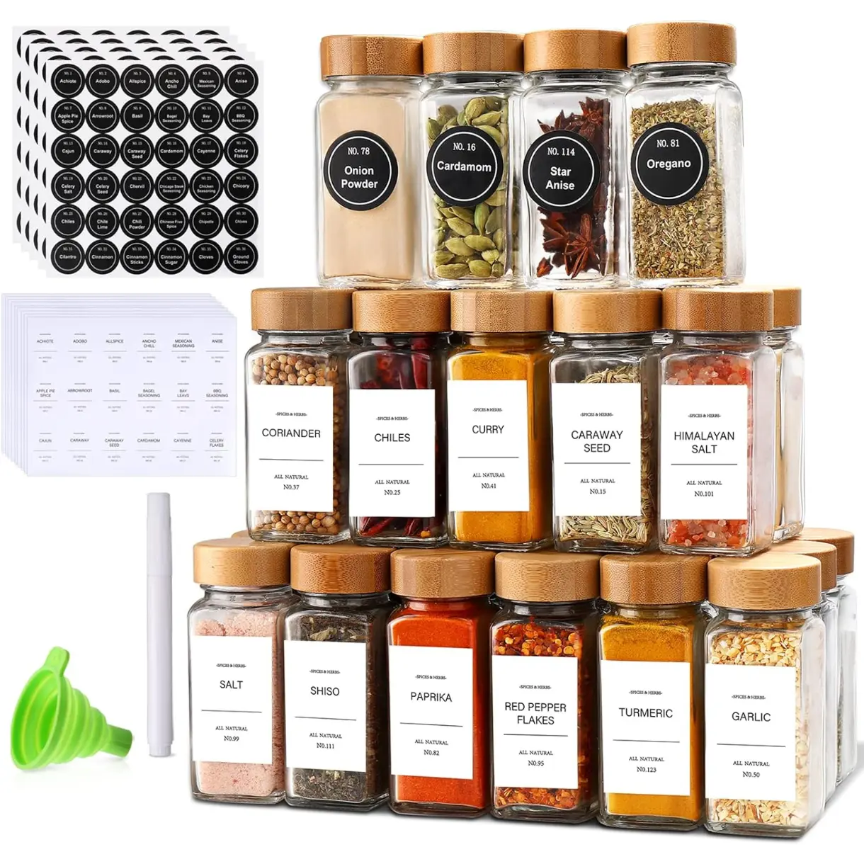 Spice Jars with Label 24Pcs,Seasoning Containers,Glass Spice Jars with Bamboo Lids,Kitchen Essentials,Spices Container Set,Kitchen Set,Seasoning Organizer,Spice Rack Organizer for Cabinet