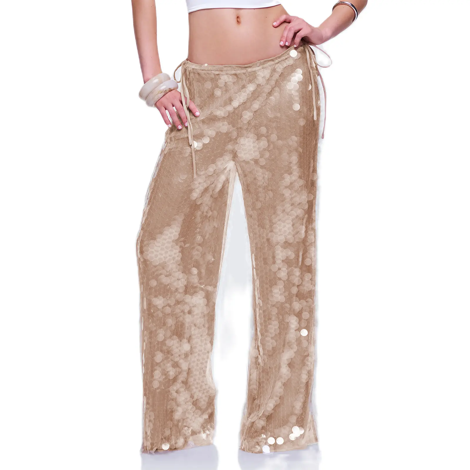Womens Sparkle Sequins Wide Leg Pants Shiny Glitter Elastic Waist Loose Fit Trousers Bling Bottom Leggings Streetwear