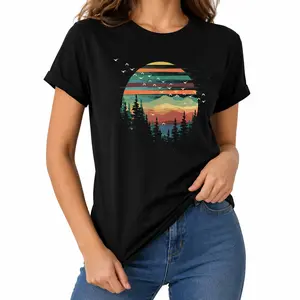 Retro Nature Sunset Graphic T-Shirt, Trendy Vintage Mountain Forest Printed Tee, Black Loose Fit Casual Top, Cute Scenic Outdoor Art, Trendy Printed T-shirts for Men & Women, Aesthetic Landscape Crewneck for Camping & Everyday Streetwear