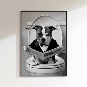 TECH American Bully Sitting In Toilet, Bathroom Decor, American Bully Dog With Smokin, Bathroom Wall Art