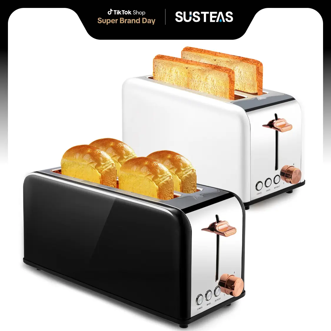 Pukomc Toaster 4 Slice with Wide Slots for Bagels, Waffles & Toast, 6 Browning Levels, Stainless Steel, WT-8500 Black (1500W) Breakfast Sandwich Maker