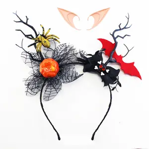 GentleLie Handmade Halloween Bat & Spider Headpiece with Elf Ears – Gothic Pumpkin Flower Antler Headband for Women, Fantasy Cosplay Fairy Witch Costume Accessory, Cute Spooky Party Hair Decor