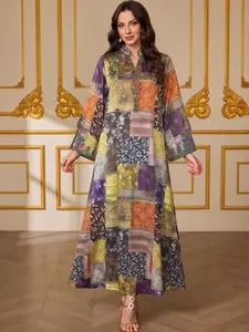 Middle Eastern Muslim Embroidered Tree Print Ethnic Long Sleeve Abaya Dress, Fitted All-Seasons Garment, Glossy Finish, Unlined Design, Islamic Abaya Dress