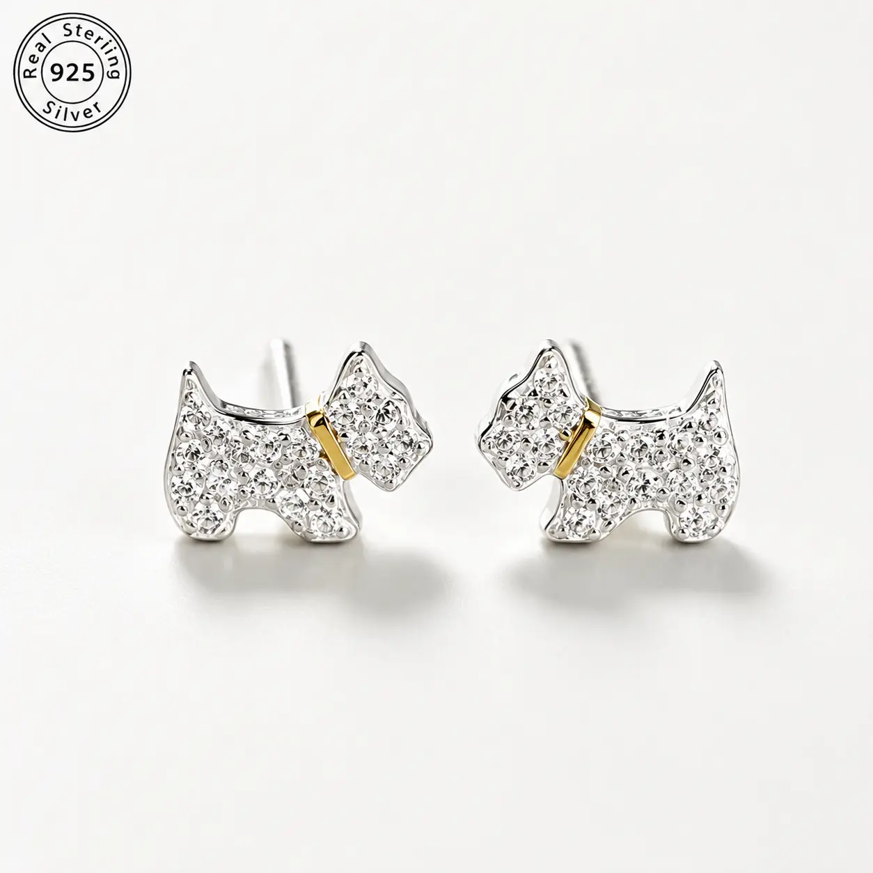 Puppy Stud Earrings for Women, 925 Sterling Silver, Sparkling Zirconia Dog Earrings, Hypoallergenic Pet Lover Jewelry