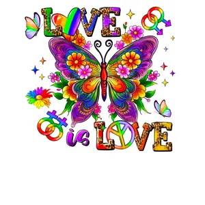 LOVE IS LOVE PRIDE DTF Transfer for T-Shirts and Hoodies with Rainbow Butterfly Design and Floral Elements