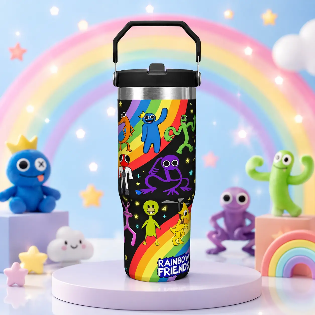 30oz Rainbow Friends Stainless Steel Double-Wall Insulated Tumbler - Large Vacuum Flask with Folded Straw, Handle, High-Quality Thermos for Travel, School, TikTok Trend Drinkware for Fans & Collectors