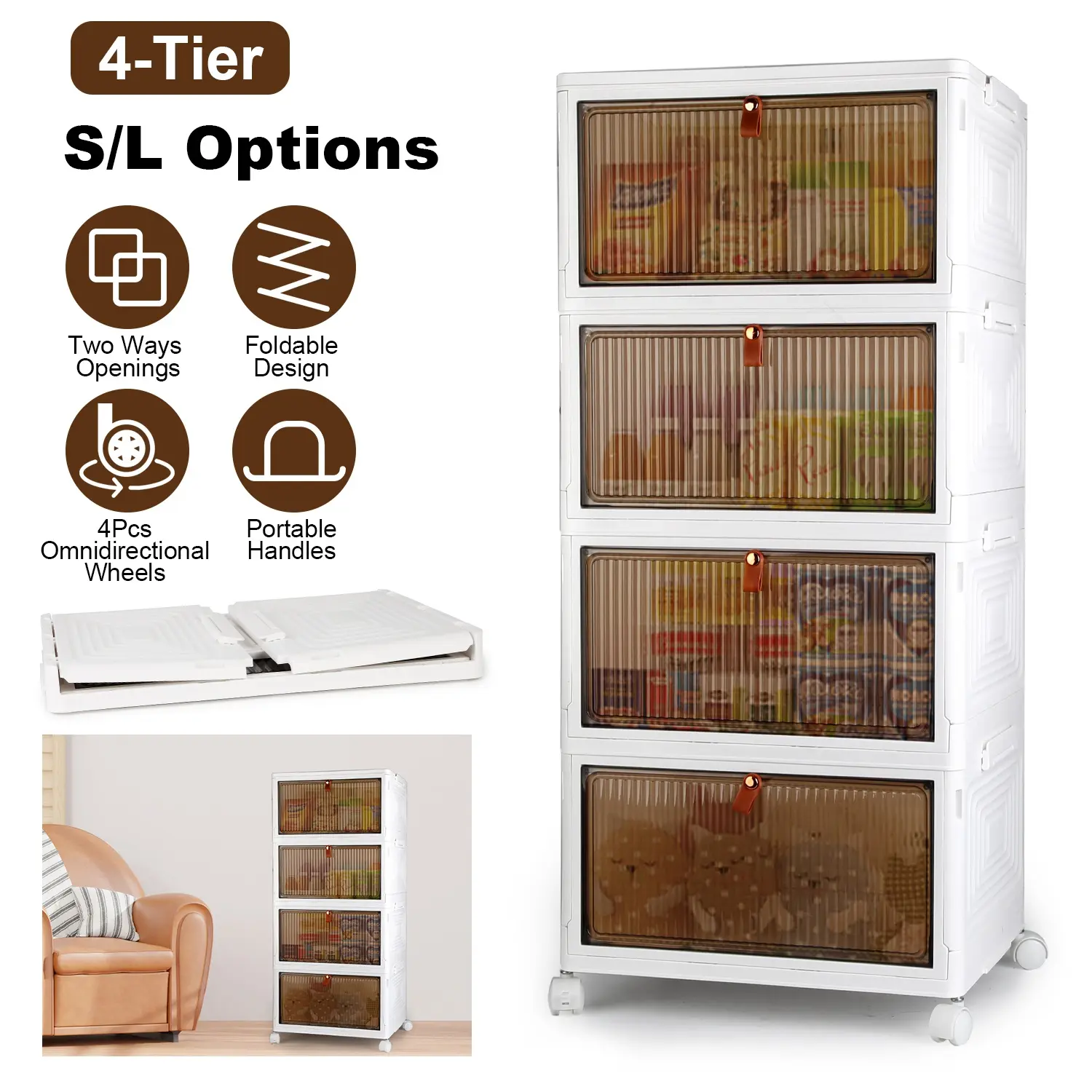 4 Pack Minimalist Translucent Leather Foldable Storage Bins with Lids, Stackable Collapsible Closet Organizer Containers with Magnetic Front Doors, 360° Rotating Wheels & Slide Function for Home Decor - Pantry -- mini baby container space organization