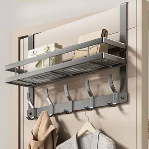 Carbon Steel Wall-Mounted Door Hook with Storage Rack, Rust-Resistant Overdoor Hanger Organizer, Multi-Hook and Shelf Design, Rustproof Sturdy Hooks, Space-Saving Home Storage