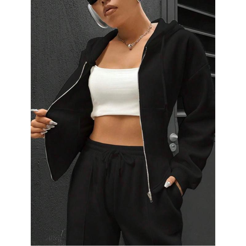 MISTY CHIC Corset-Style Hooded Sweatshirt And Wide Leg Sweatpants Set, Full-Zip Drawstring Design With Elastic Waist, Casual Streetwear Vibe, Ideal For Loungewear, Errands, Mix-And-Match Outfits And Trendy Everyday Streetwear