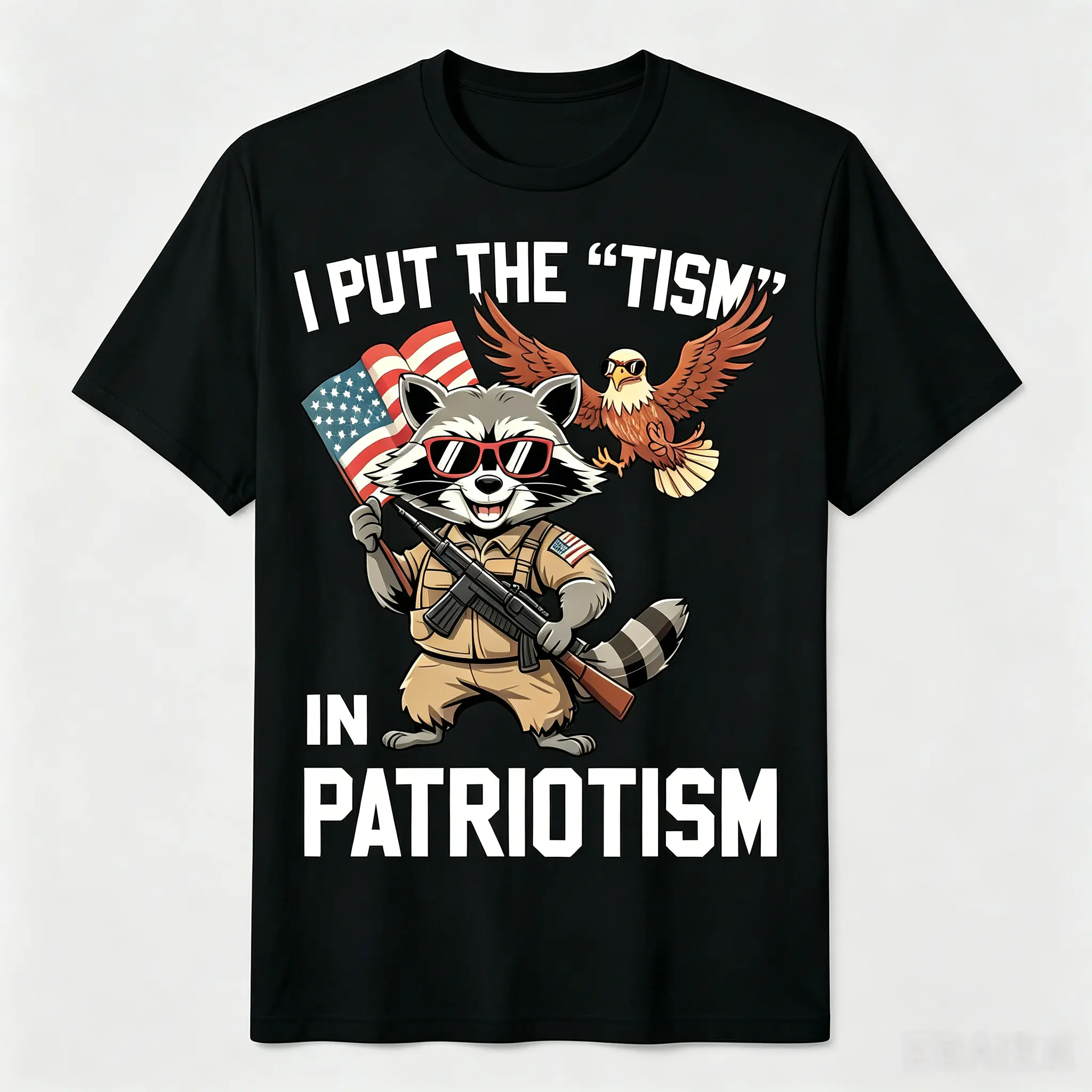 Funny Raccoon Patriotism Graphic T-Shirt "I Put the Tism in Patriotism" Retro USA Streetwear Tee for Men & Women, Fourth of July BBQ Outfit, Viral Meme Shirt
