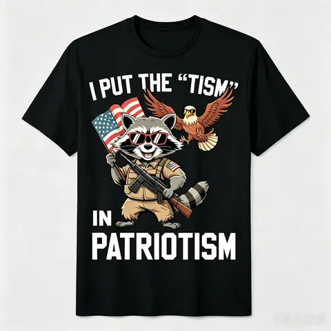 Men's Classic Soft Cotton Round Neck Short-Sleeve Tee - Funny Raccoon "I Put the Tism in Patriotism" Retro USA Casual Streetwear, 4th of July Outfit, Oversized Relaxed Fit Distressed Top, Leather Vibe, Denim Cargo Pants Match, All-Season Fabric Menswear