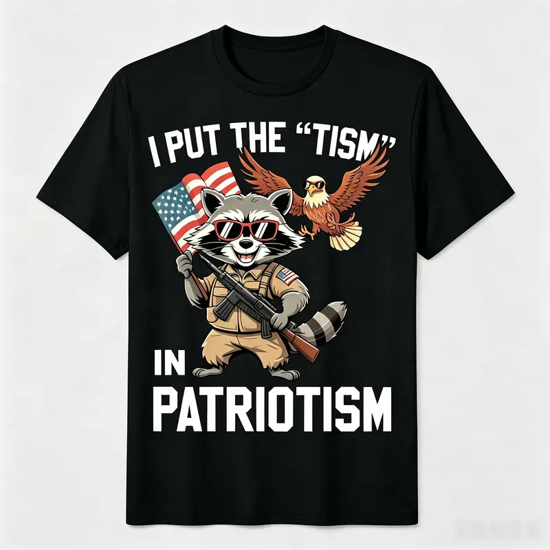 Men's Classic Soft Cotton Round Neck Short-Sleeve Tee - Funny Raccoon "I Put the Tism in Patriotism" Retro USA Casual Streetwear, 4th of July Outfit, Oversized Relaxed Fit Distressed Top, Leather Vibe, Denim Cargo Pants Match, All-Season Fabric Menswear