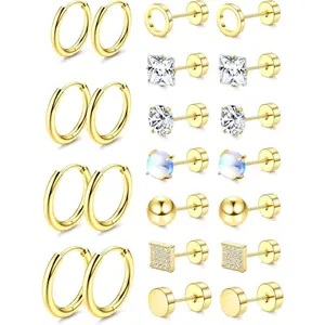 CASSIECA 11 Pairs Hypoallergenic Surgical Stainless Steel Flat Back Earrings - Casual, Lightweight Fashion Jewelry Accessories with Square Studs, Hoop Sets for Small Cartilage Tragus Piercings, Ear Gauges Summervibes