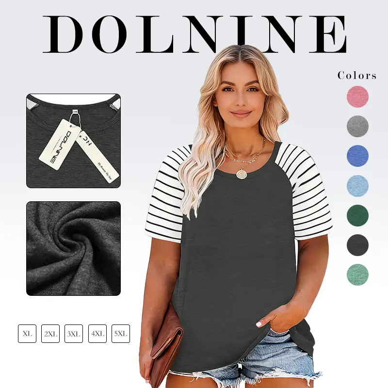 Women's Plus Size Tops Striped Raglan Tee Shirts Casual Tunics Blouses Womenswear Fitted Crewneck Shortsleeve DPS1005