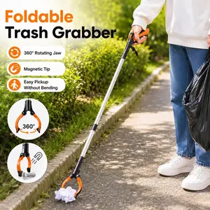 Trash Grabber Reacher Tool, Foldable Extendable Litter Picker with 360° Rotating Jaw & Magnetic Tip, Lightweight Orange Pickup Stick for Yard, Home & Outdoor Cleanup