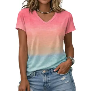 Flamingals Ombre V Neck Short Sleeve T-Shirt Womenswear Stretchy