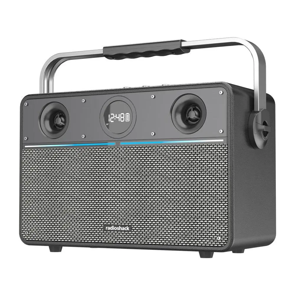 RadioShack 80W Wireless Speaker Model 4001985 Dual Woofers Tweeters Bluetooth USB AUX Guitar Mic Inputs 32 ft Range Karaoke Ready - Audio, Portable Bluetooth Speaker, Watts