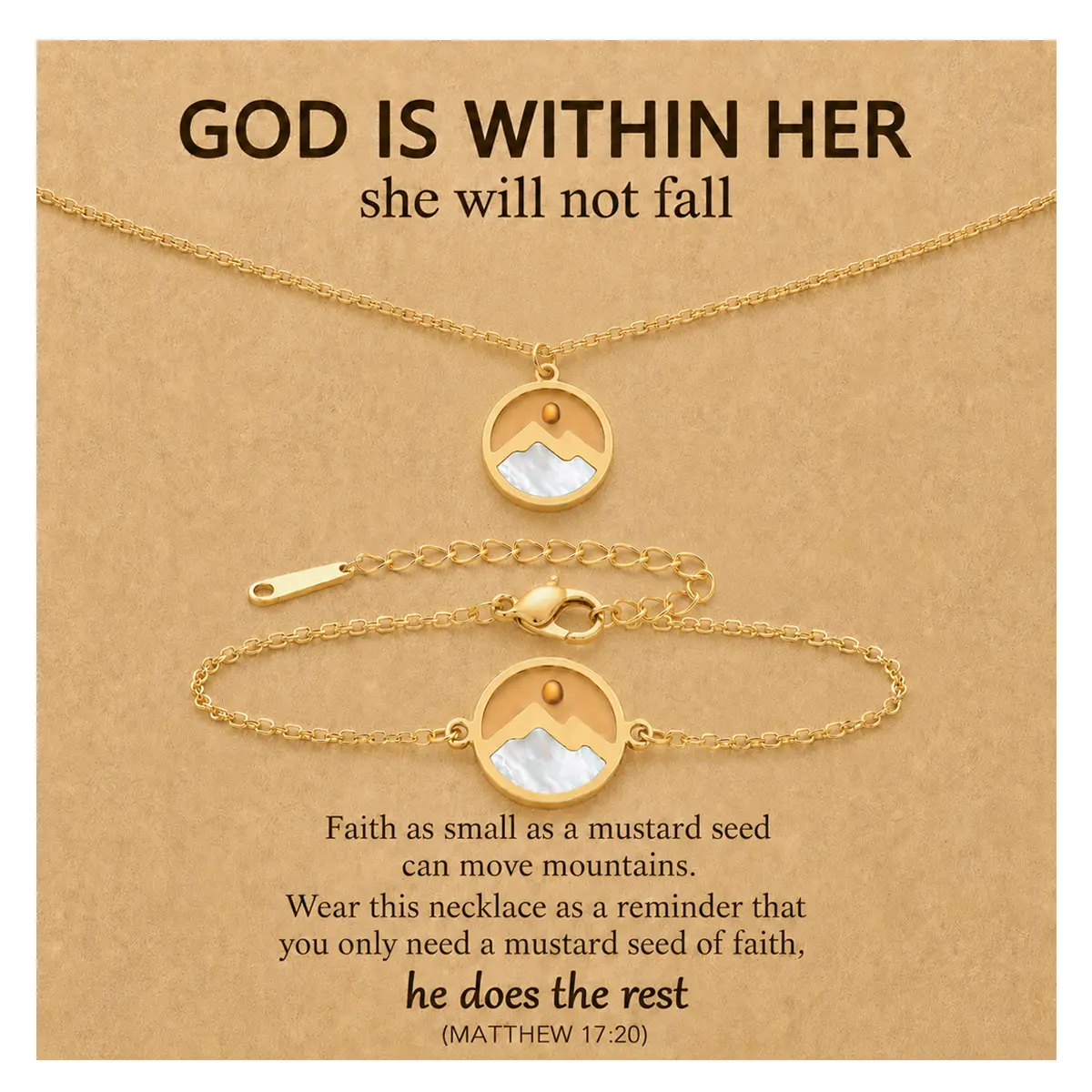 LUMINAVA Women's 2-Piece Fashion Gold & Silver Christian Style Jewelry Set - Mustard Seed Graphic Letters, Inspirational Mountain Pendant Necklace & Bracelet, Synthetic Material Everyday Gift for Baptism, Religious, Geometric, Gold Bracelet Jewelry Sets,,