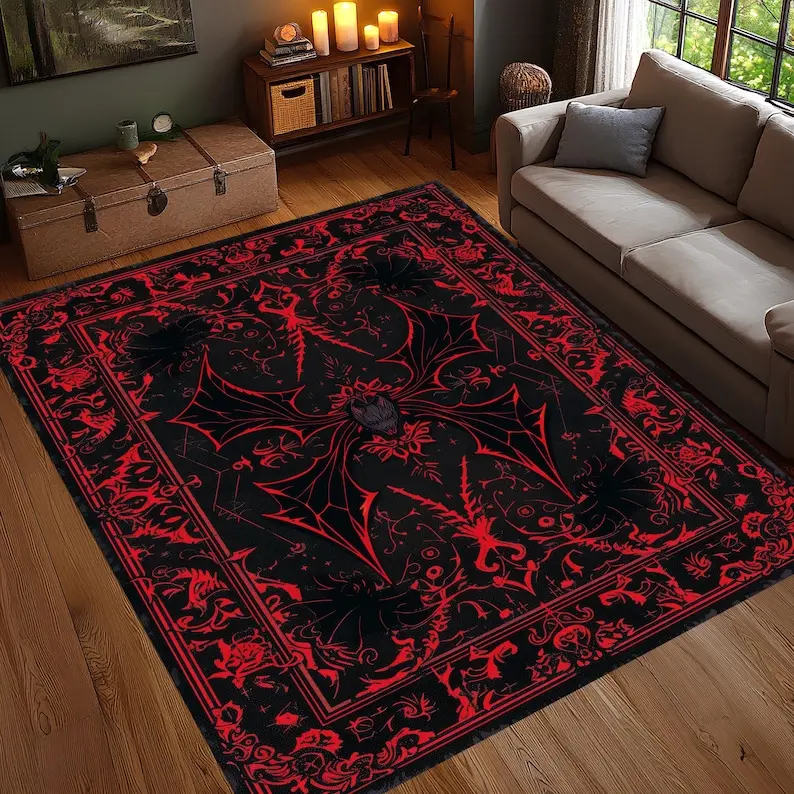 Gothic Bat, Red Black Occult Carpet, Dark Vampire Decor , Witchy Room Aesthetic, Washable Non Slip