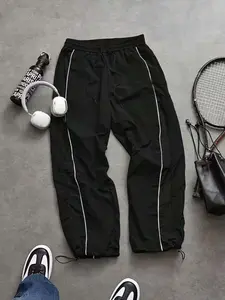 Men's Straight Leg Casual Breathable Sports Pants, Athleisure Pants, Athleisure Style, casual sweatpants, Striped Print Sweatpants, Comfortable Soft Fabric, Side Pockets, Waist Drawstring, Perfect for Gym Training