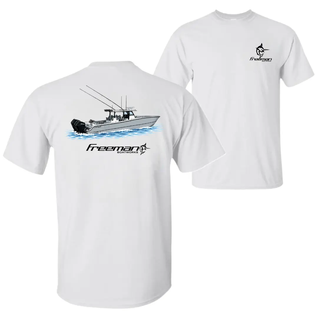Freeman Boatworks 47 T-Shirt, Offshore Center Console Boat Graphic Tee, Soft Cotton Blend Marine Apparel, Deep Sea Angler Shirt for Men & Women, Boat Lover Gift