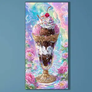 5D DIY Full Diamond Round Diamond Painting - Diamond Art Kit Ice Cream Sundae Mosaic, Canvas - DIY Wall Decor for Home, Suitable for Halloween and Christmas, Birthdays and Anniversary Gifts