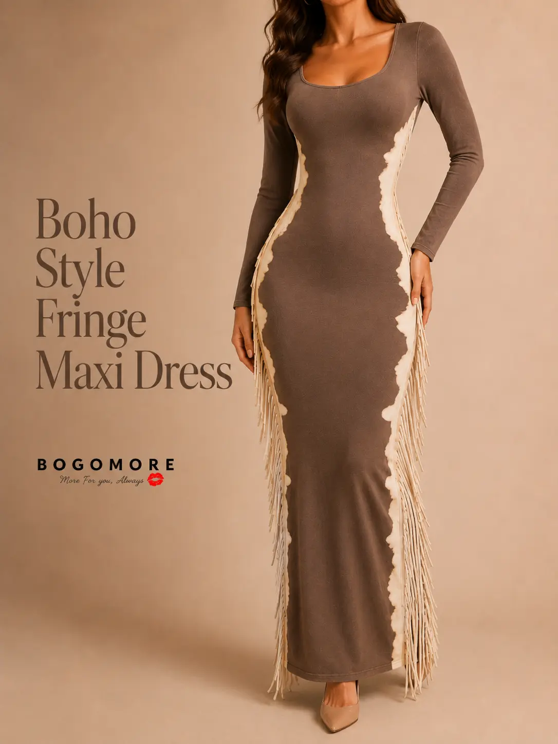 Women's Mineral Wash Long Sleeve Fringe Maxi Dress | Stretch Bodycon Maxi Dress with Side Fringe | Western Festival Vacation Dress