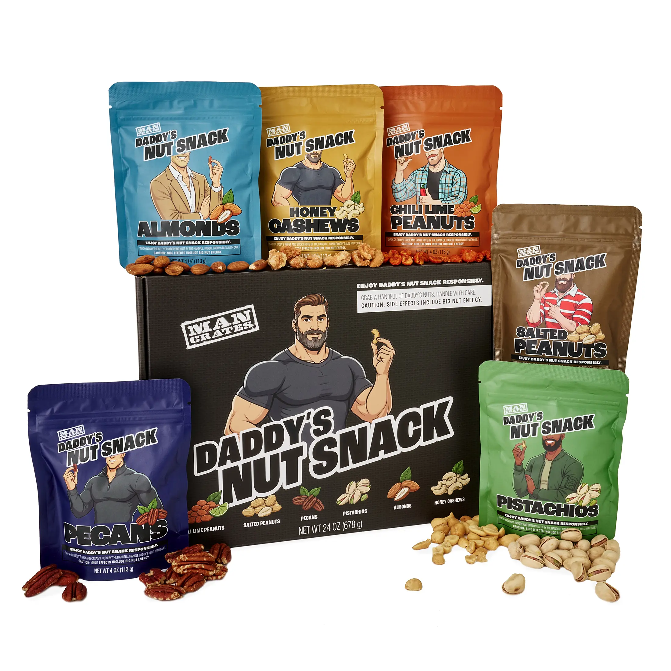 Man Crates Daddy’s Nut Snack Variety, Gourmet Mixed Nuts Gift Basket, Funny Birthday Gift for Dad, Husband, or Boyfriend - Unique Healthy Snack Gift with Almonds, Pistachios, Cashews, Pecans & Peanuts