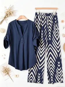 Plus Size Elegant Women's Two-Piece Set, Adjustable Sleeve Solid Tunic Top + Geometric Print High Waist Pants, Lightweight Outfit for Office, Vacation & Home