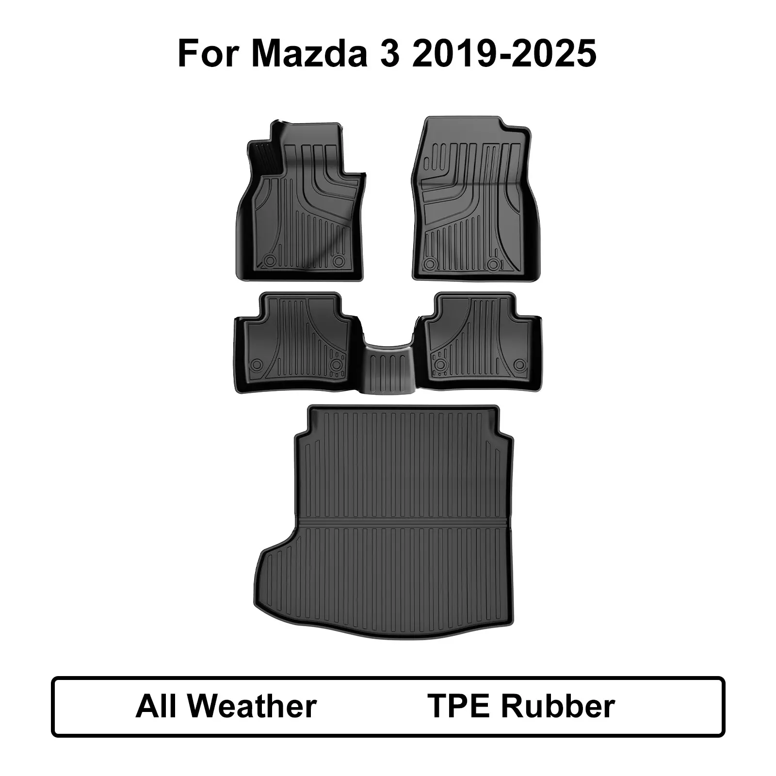 Vehicle-Specific Fit 3D Screened Floor Mats & Cargo Liner Full Set for 2019-2025 Mazda 3 Sedan Only - Anti-Slip Waterproof, Easy to Clean & Install - Durable & Safe Premium TPE Rubber Plastic Auto Interior Accessories